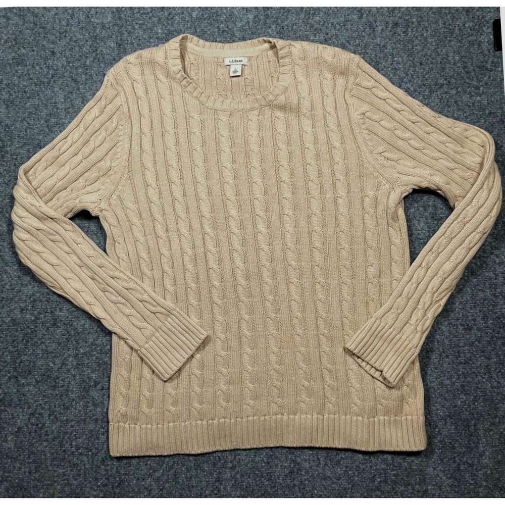 L.L. Bean Women's Cable Knit Crewneck Sweater in Beige